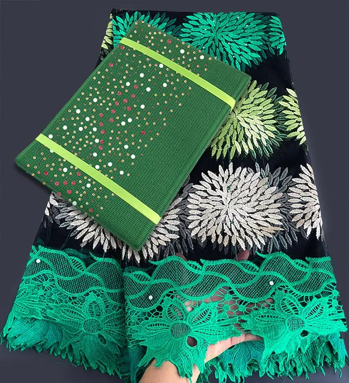 Green Champagne 5 ярдов Африканский французский кружевной тюль в нигерийском стиле кружевной ткани, соответствующие 1 шт Звездное ASO OKE головной желтый головной платок высокого качества - Цвет: Green Champagne