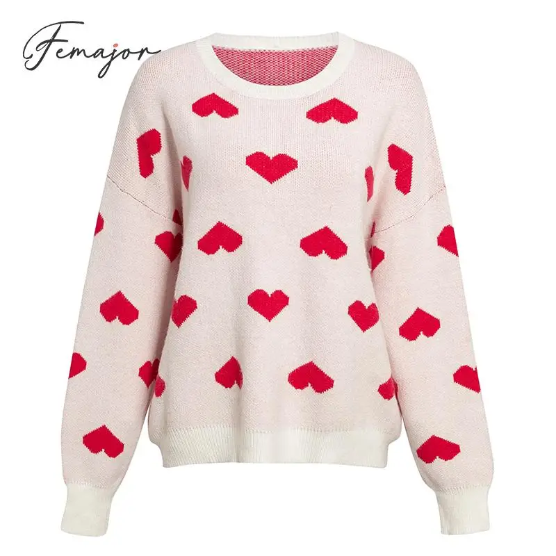 Femajor Women Sweater Autumn Winter Red heart Crochet Casual High Street Loose Lantern Pullover Female White Jumpers | Женская одежда