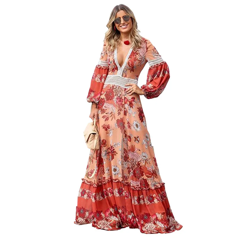 Orange Ordifree Лето Boho Для женщин макси с цветочным принтом платье с длинным рукавом Винтаж кружева крючком Цветочный принт длинная туника пляжное платье - Цвет: Orange