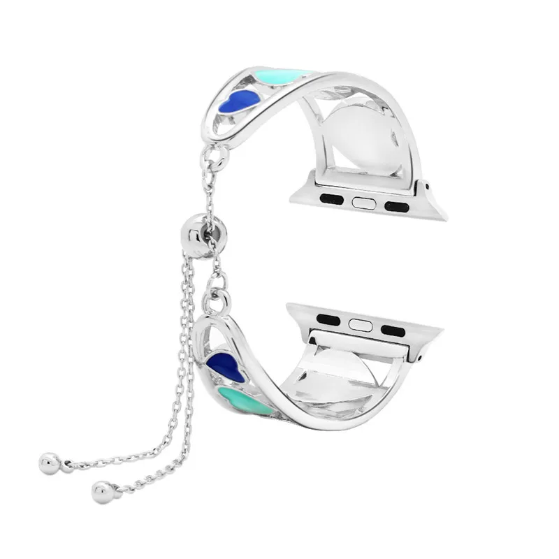 silver Очаровательные часы из нержавеющей стали для iwatch, женские 38 мм, 42 мм, ремешок для Apple Watch, красочные часы с сердечком, ремешок с кисточкой, Регулируемая пряжка - Цвет ремешка: silver