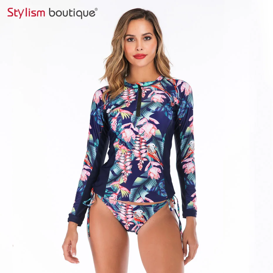 New Rashguard Padded Long Sleeve Swimsuit Surfing Rash Guard Women Two Piece Swimwear Separate Tankini Sport Bathing Suit