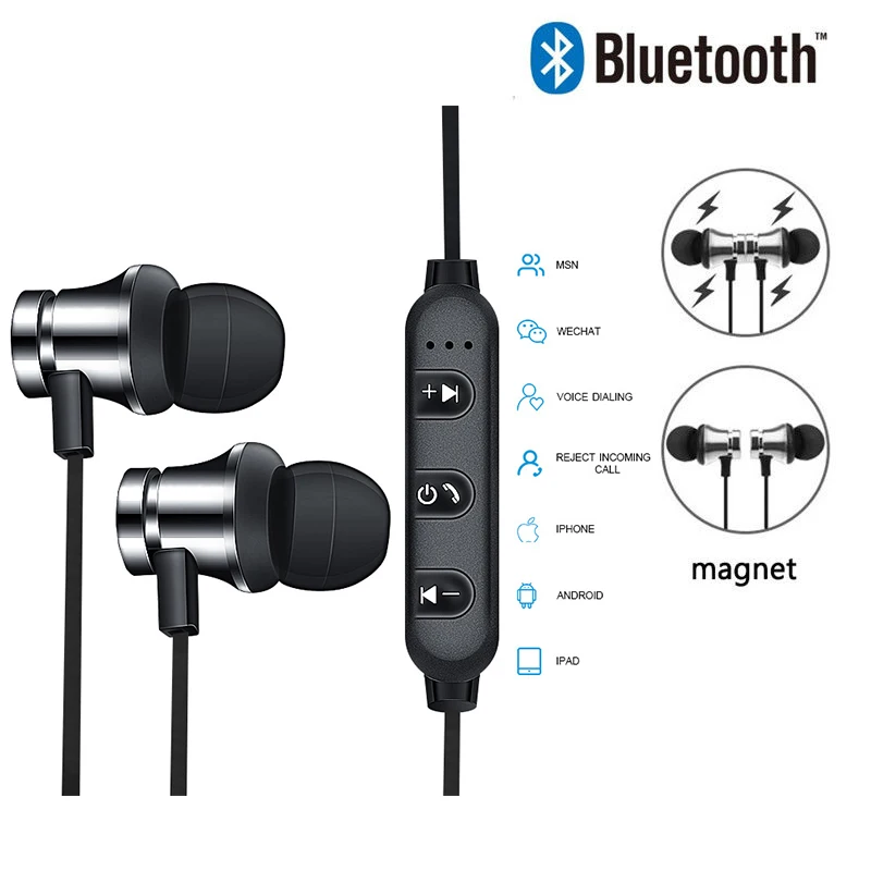 Bluetooth наушники беспроводные для бега Металлические Магнитные спортивные