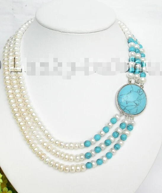 Доставка&gt&gt&gt&gt 3 strand белый пресной воды жемчужное ожерелье бирюзы|turquoise necklace|necklace