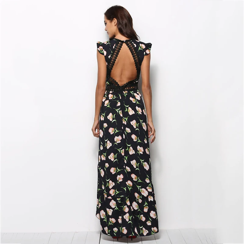 Elegant Floral Print Lace Trim Maxi Dress Party Vestidos Sexy Deep V Neck Backless Summer Women Boho Irregular Long | Женская одежда