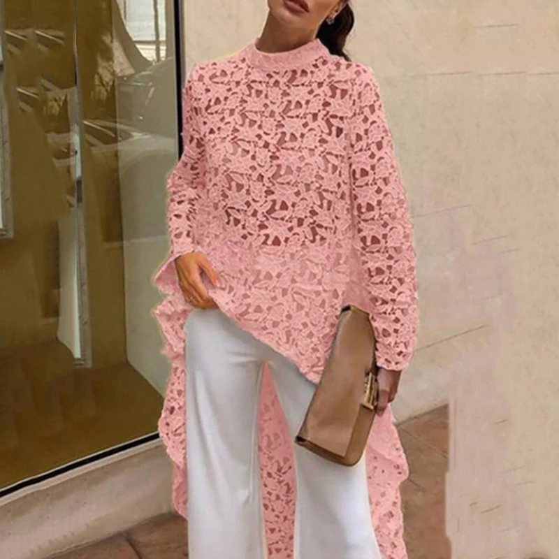 2019 Sexy Beach Blouse Summer O-Neck Bikini Smock Crochet Hollow Out Knitted Irregular Tops White Female Shirt Transparent | Женская