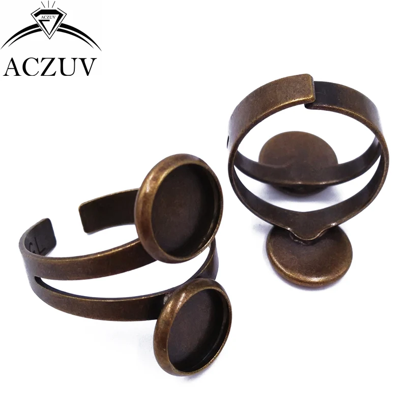 100pcs Antique Bronze 10mm 12mm Double Bezel Blank Adjustable Ring Blanks Base Copper Metal Cabochon Rings Settings TJZT025