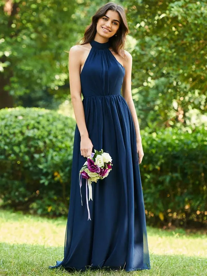 2020 элегантное темно-синее длинное женское платье с лямкой на шее и бантом для