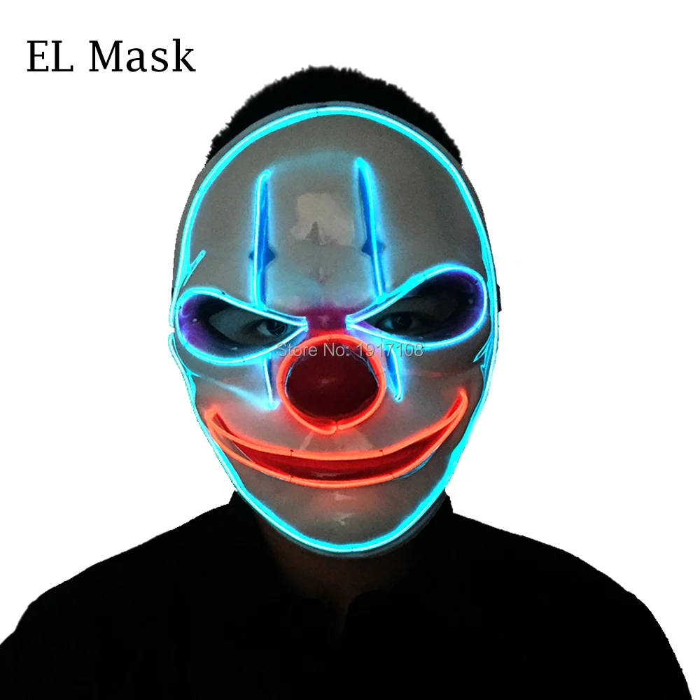 

Wholesale 10 pcs Halloween Clown mask LED masks EL wire mask Neon Light mask with Steady on Flashing DC-3V Glowing Party Gift