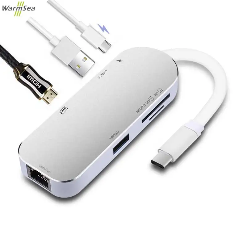 Серебристый USB c концентратора адаптер Dongle Dock с Тип c PD Мощность 4 К видео HDMI SD Card Reader Gigabit Ethernet адаптер USB-C Тип-C 3.0 концентратора - Цвет: Серебристый
