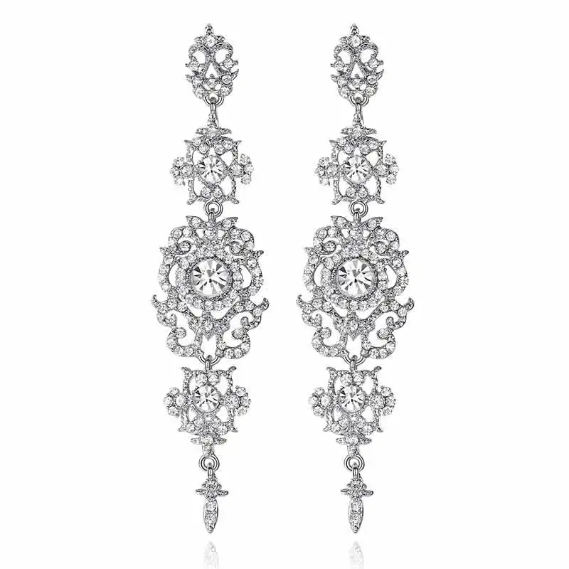 silver Minmin, золотые/Серебряные длинные висячие серьги для женщин, цветочная форма, модные свадебные украшения, свадебные висячие серьги с кристаллами, вечерние серьги EH182 - Окраска металла: silver