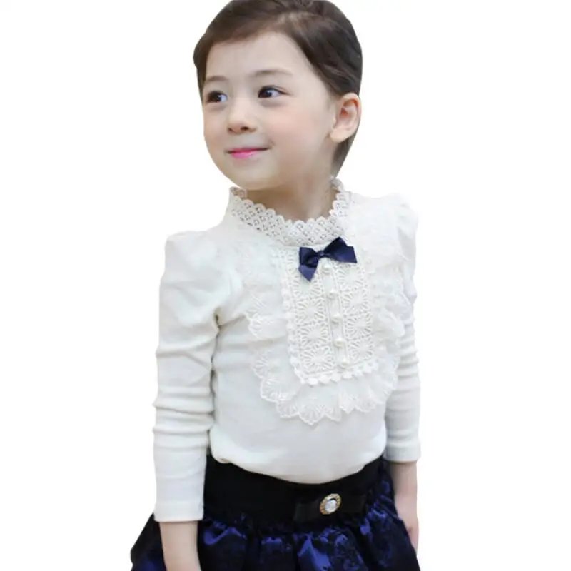 white girls blouse Школьные рубашки для девочек на весну, осень и зиму детские топы и блузки белого и розового цвета с длинными рукавами и кружевным бантом для девочек одежда для малышей JW3259 - Цвет: white girls blouse