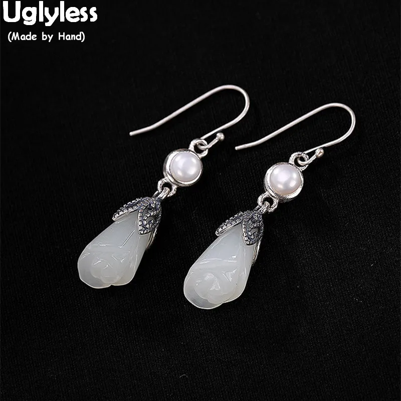 Uglyless Elegant Romantic Floral Earrings Women Handmade Solid 925 Silver Pearls Natural White Jade Thai Bijoux | Украшения и