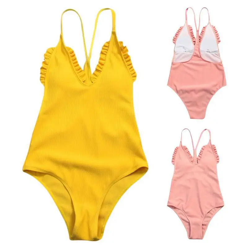 2018 Sexy Summer Women Solid Bandage Ruffle Bathing Suits Beach Surfing One Piece Sweet Swimsuit Rn | Спорт и развлечения