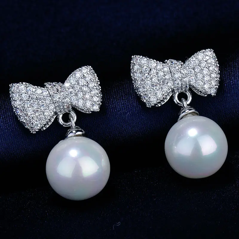 Серьги подвески женские с бантом и фианитом серебряное покрытие|dangle earrings for