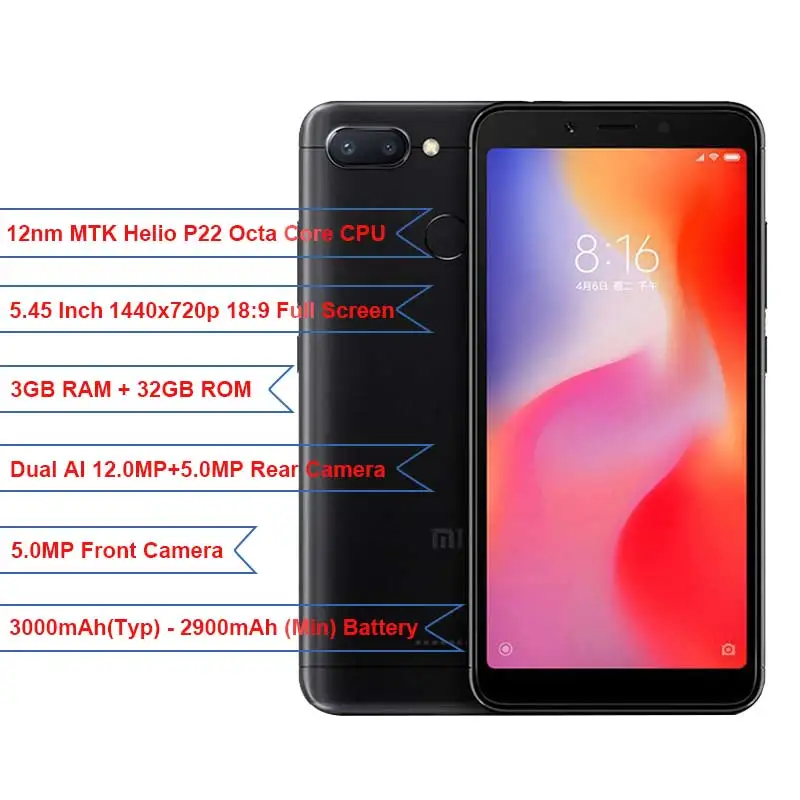 Xiaomi Redmi 6 3 ГБ ОЗУ 32 Гб ПЗУ смартфон Helio P22 Восьмиядерный процессор 12 Мп + 5 МП две