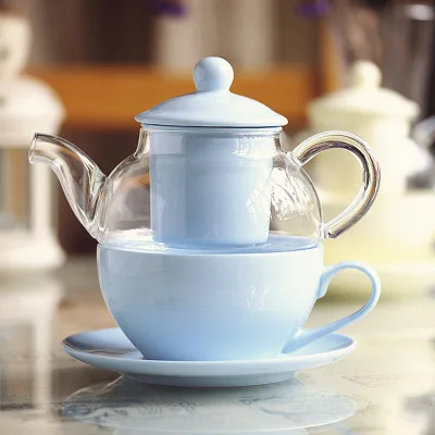 Colored blue Горячая стеклянный чайник W/a Fine China Infuser чашка с фильтром и блюдцем набор чайный горшок и чайная чашка для одного чайника Smarkt для одного - Цвет: Colored blue