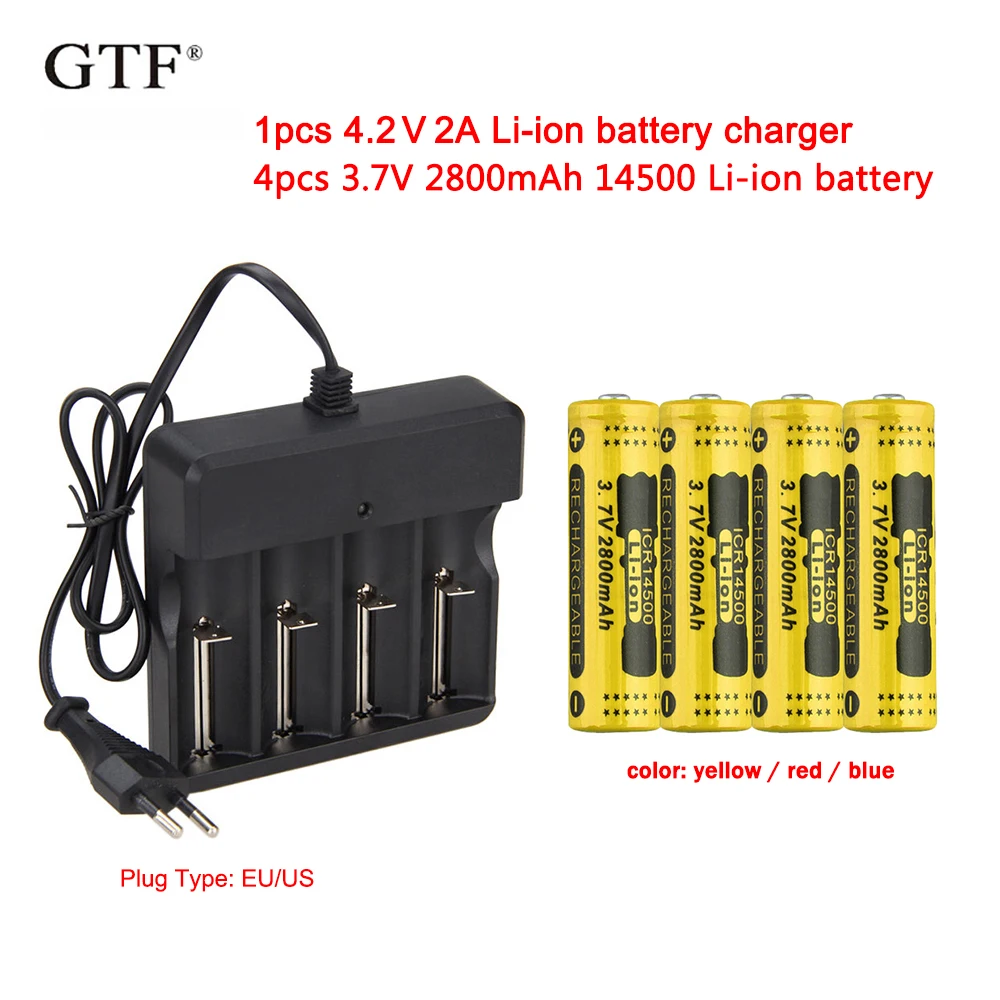 

4pcs 3.7V 2800mah 14500 Battery Tool Li-ion Rechargeable Batteries + 1pcs EU/US 4.2V 2A li-ion battery charger AC100-240V