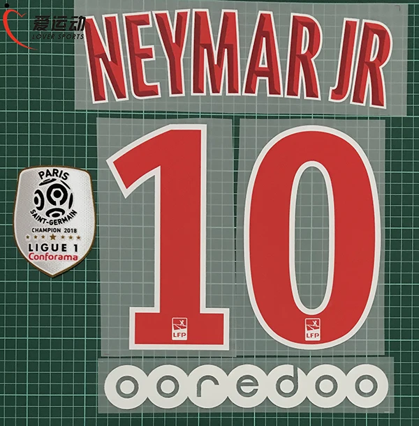 2018 19 NEYMAR JR #10 набор с номером домашнего имени + Ligue 1 Чемпион патч OOREDOO Париж Неймар