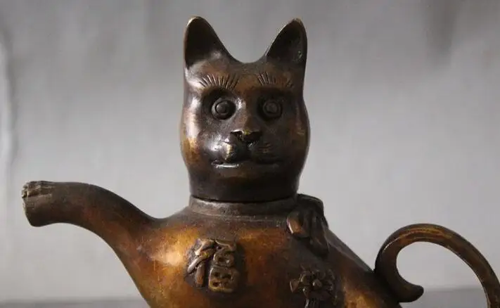 Старый Китайский Фэншуй Бронзовый счастливый кот киска статуя винный чайник|teapot