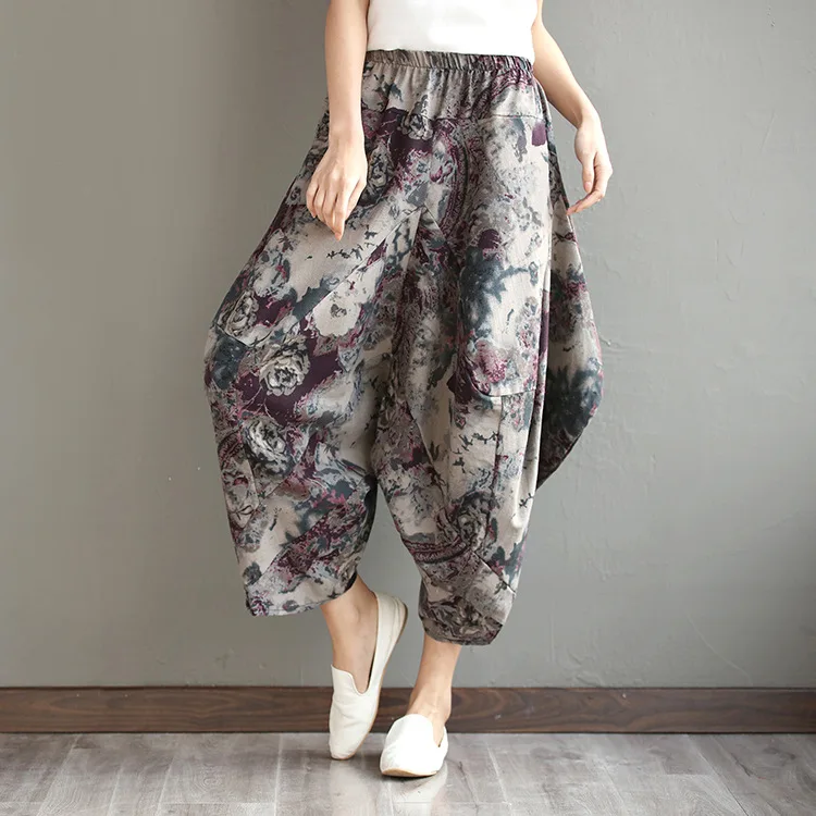 

2017 spring and summer new large size pants cotton and linen national wind harem pants crotch nine pant