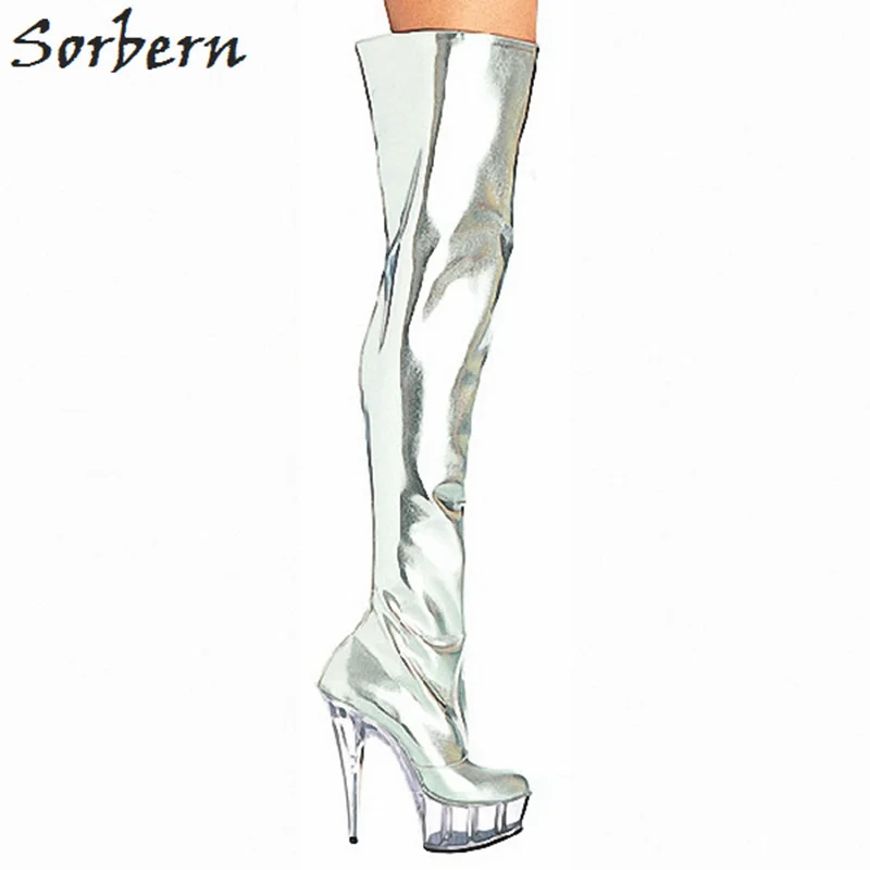 Женские Серебристые блестящие сапоги до бедра на платформе 15 см|thigh high boots women|shiny