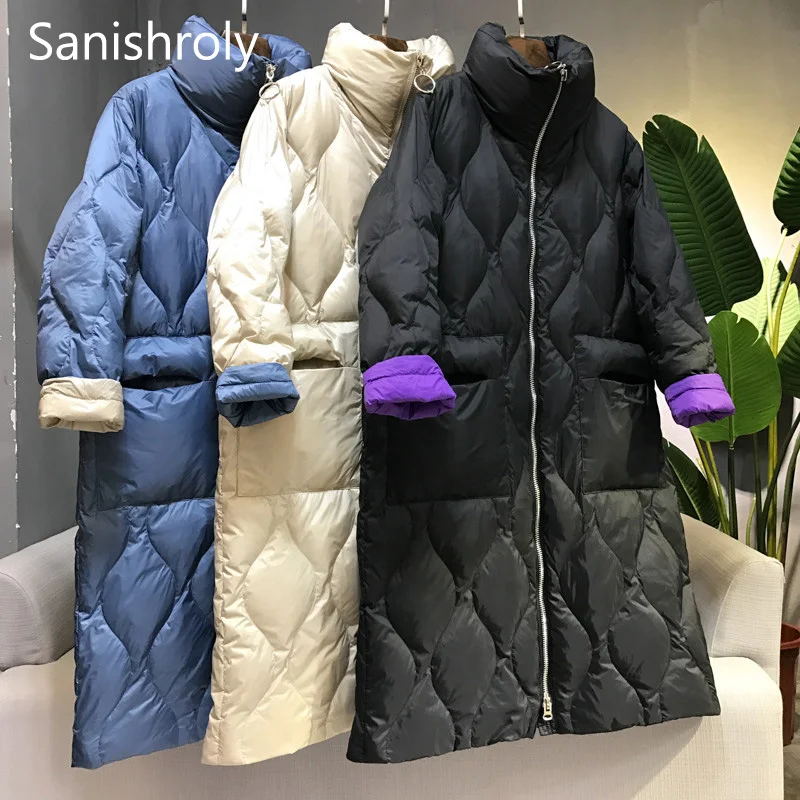 Sanishroly Autumn Winter Women Light Down Jacket Casual Thin White Duck Down Coat Female Stand Collar Long Outwear Plus Size 696