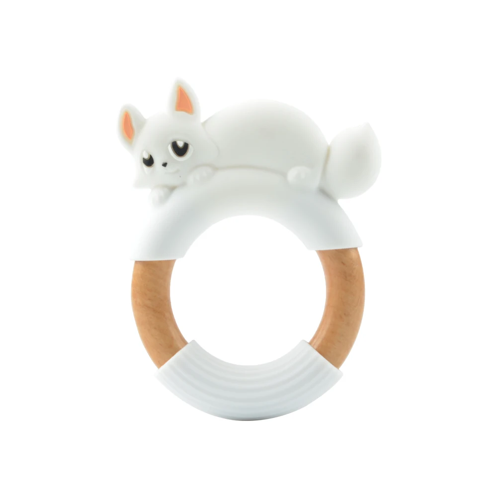 Silicone Fox Panda Teether Wooden Ring BPA Free Nursing Accessories Chewable Wooden Baby Teethers Natural Safe Necklace Bracelet - Цвет: white
