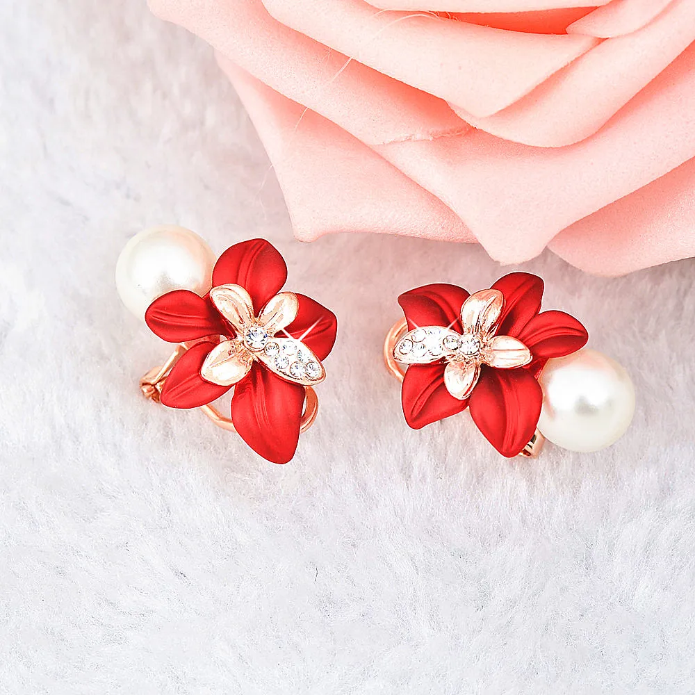 

Anti-allergy Handmade Imitation Pearls Beautiful Red Flower Stud Earrings for Women valentine's day Gifts E00951