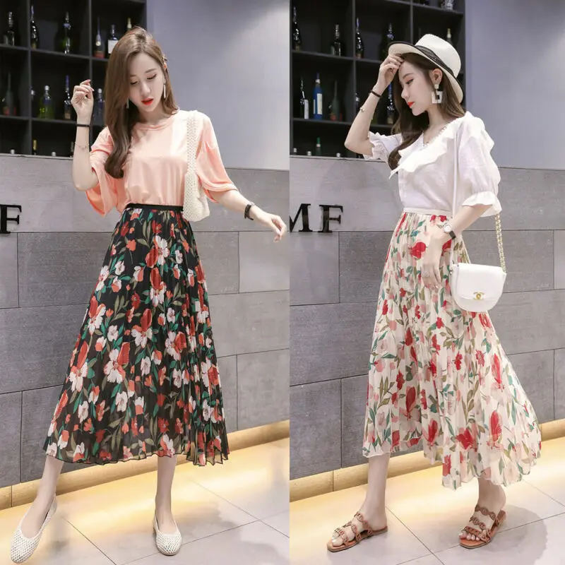Fashion 2019 Women Chiffon Pleated BOHO Ladies Floral Jersey Gypsy Long Maxi Full Skirt | Женская одежда