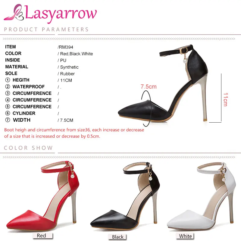 Lasyarrow Ankle Strap Women's Shoes Thin High Heels Pointed Toe Cut Outs Party Wedding Black Red Plus Size 31-50 RM394 | Обувь