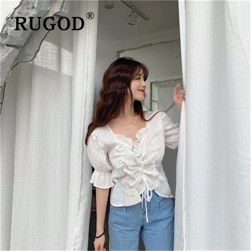 Женская блузка с оборками RUGOD Элегантная расклешенным рукавом и пуговицами на