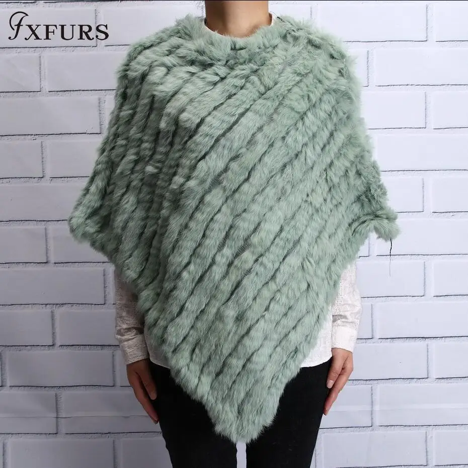 candy green FXFURS, весна-осень, настоящее Вязаное пончо из кроличьего меха, женские шарфы, натуральный кроличий мех, шаль, треугольная накидка - Цвет: candy green