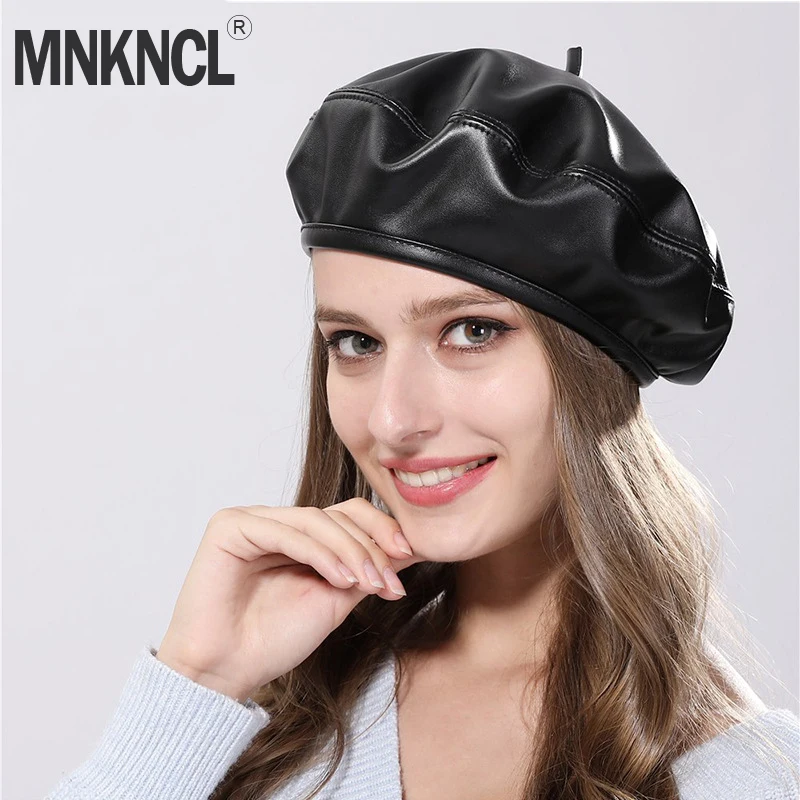 MNKNCL кожаный берет женские зимние шапки для женщин плоская шапка девушек береты
