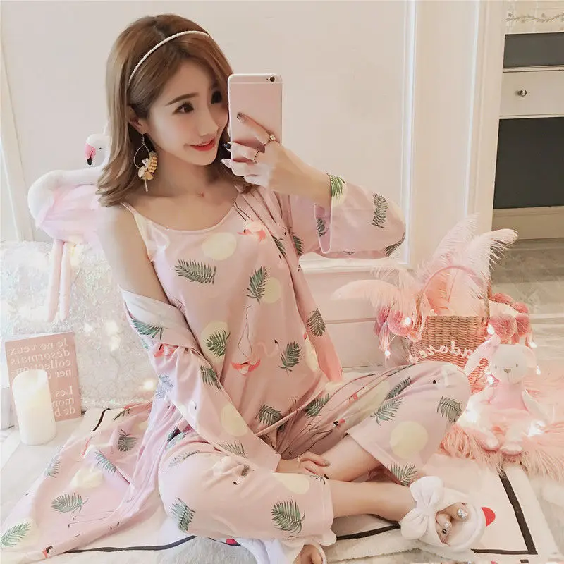 3jiantao fensehe fen Пижамы для женщин, комплект из 3 предметов, комплект пижам, шелковая повседневная одежда с длинными рукавами, дышащий сексуальный домашний халат, женская одежда для сна - Цвет: 3jiantao fensehe fen