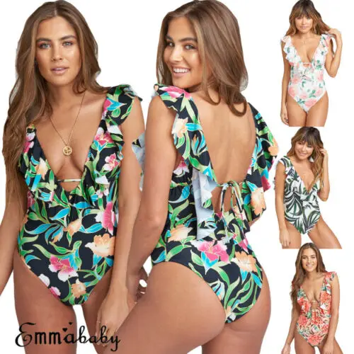 Женский слитный купальник с цветочным принтом и оборками монокини пуш ап