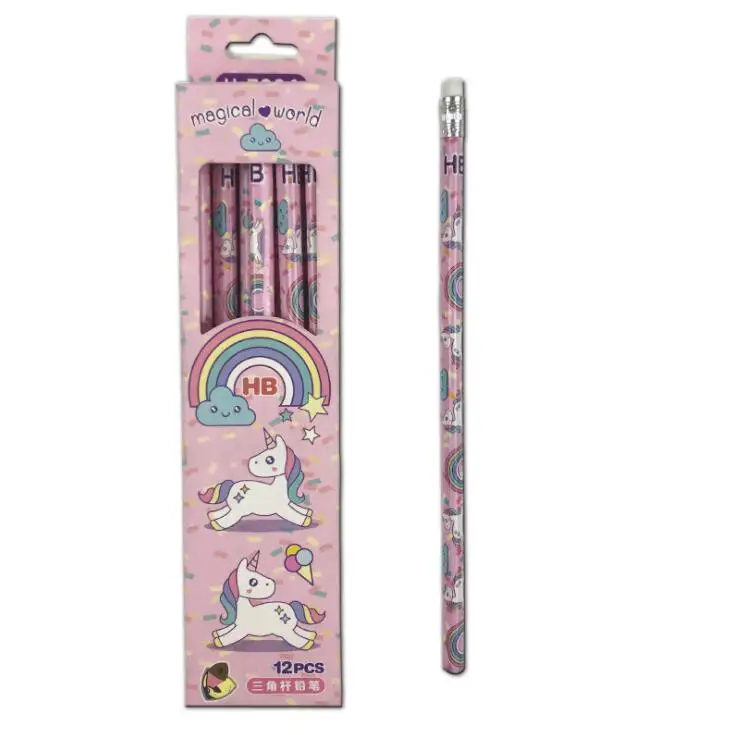 Pink 12 шт./партия Kawaii мультяшный Радужный Единорог дерево HB карандаш с ластиком дети учатся Рисование карандаши детские школьные принадлежности - Цвет: Pink