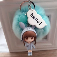 new design 2017 cute girl 8cm real rabbit fur ball pom pom key chain key ring for bag car key hanger decoration