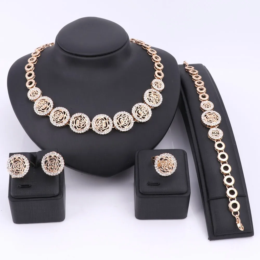 

Woman Accessories Flower Crystal Jewelry Set Wholesale Fashion African Beads Jewelry Set Dubai Gold Color Jewelry Bridal Gift