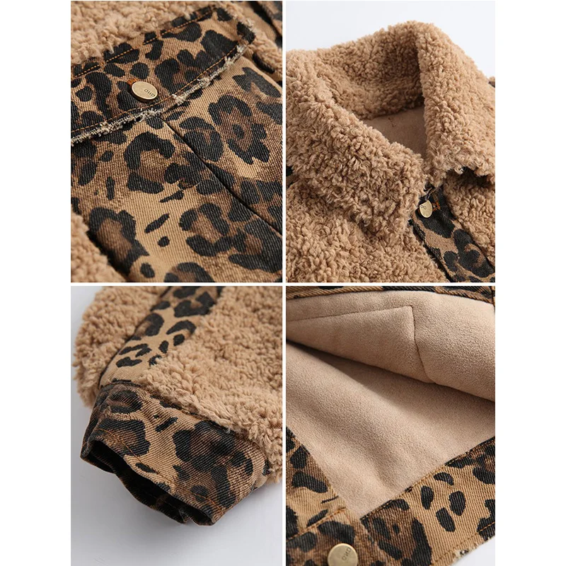 Меховая куртка осень зима 2019 джинсы из ягненка с леопардовым принтом Короткие