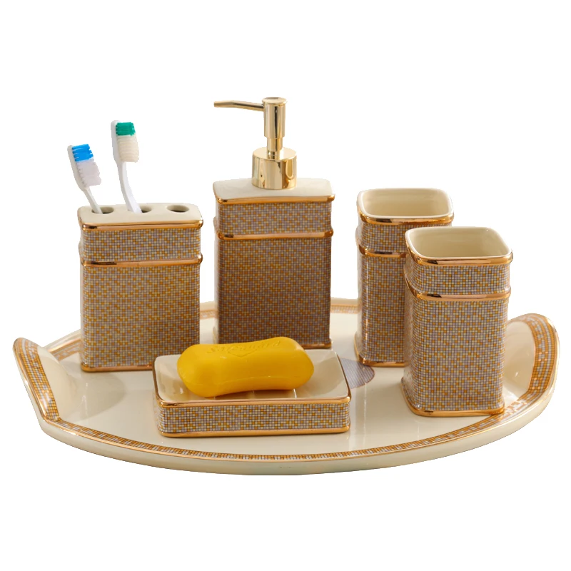 Bathroom Sets Ceramic Liquid Dispenser Toothbrush Holder Soap Dish Cups Accessories Toilet Supplies enlarge