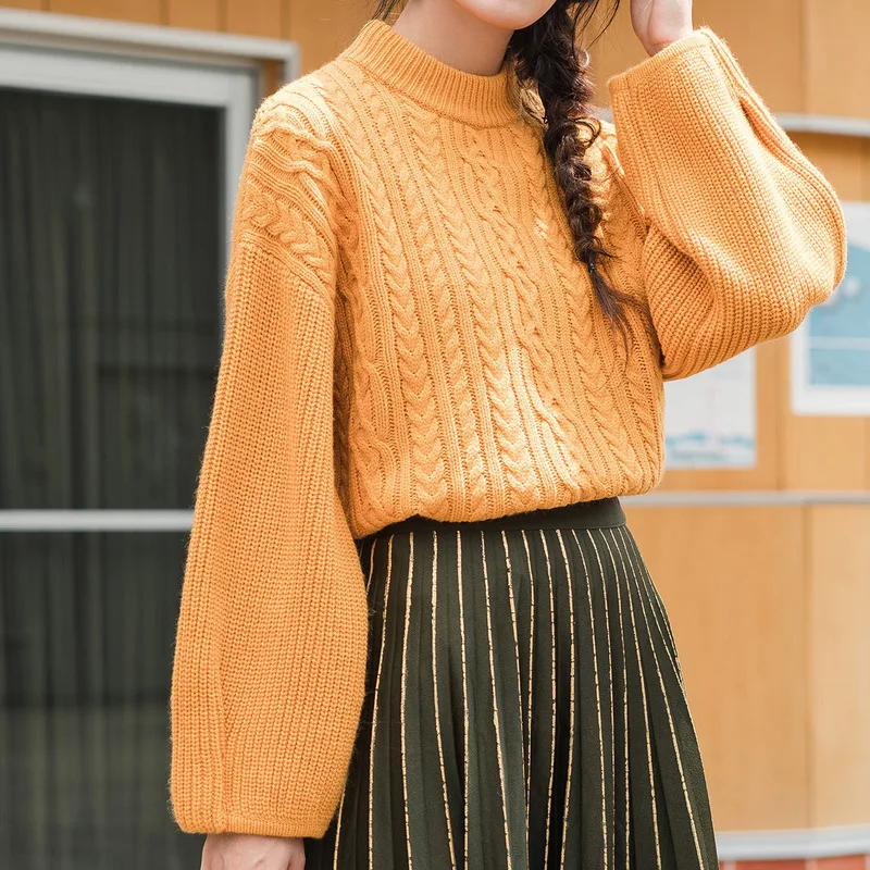 INMAN Winter Female Half-high Collar Jacquard Loose Lantern Sleeve Long Pullover Women Sweater | Женская одежда