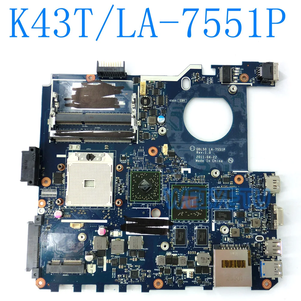Материнская плата K43T/LA 7551P для ноутбука ASUS K43T K43TA K43TK X43T материнская REV 1 0 100%