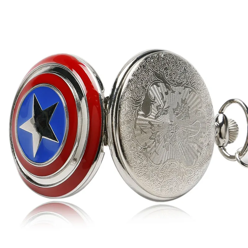Vintage Movie Roles Thick Pendant Silver Necklace Quartz Pocket Watch Unisex Captain America Avengers Shield Men Watches Gift | Наручные