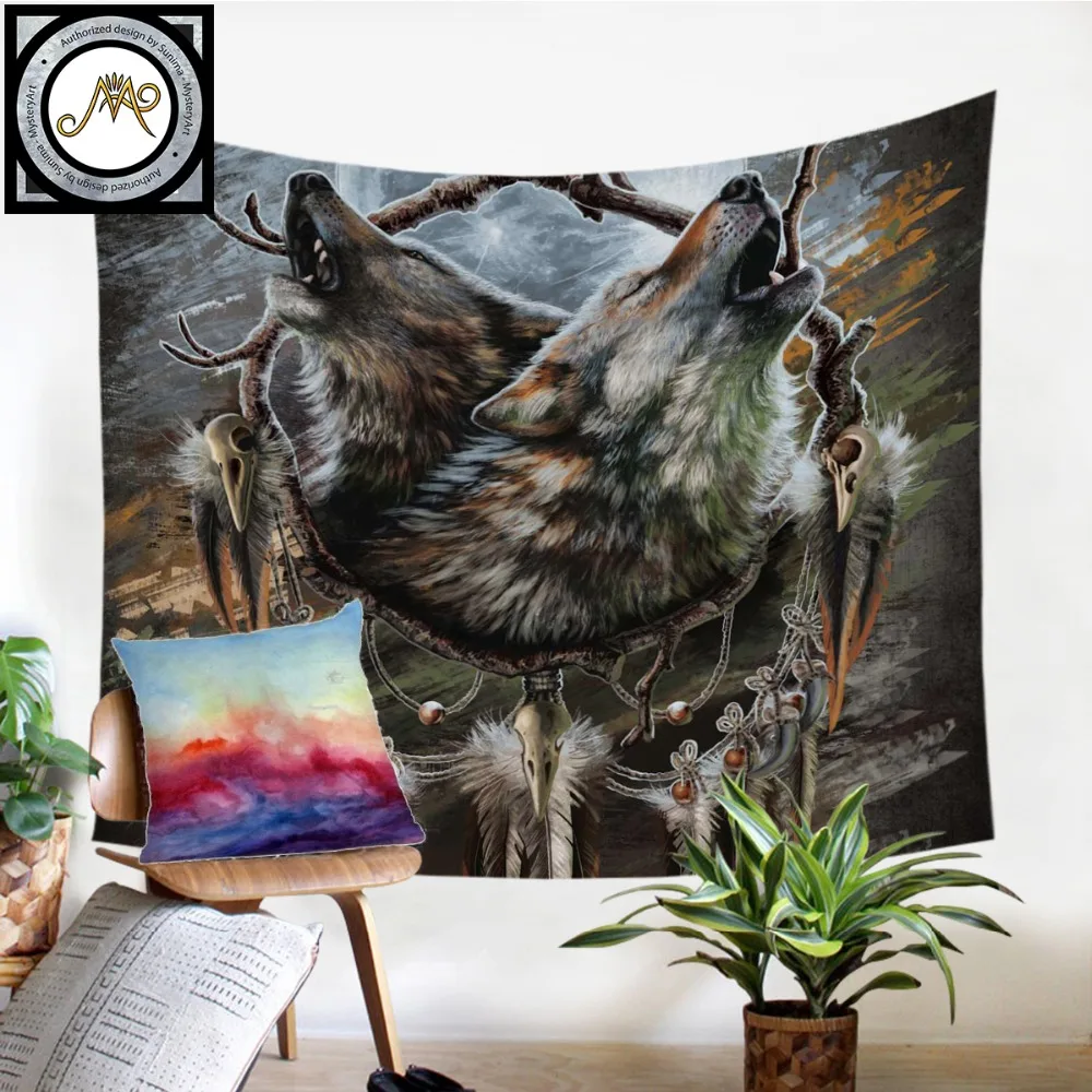A Song for the Moons Reflection by SunimaArt Tapestry Wall Hanging Howling Wolves Sheet Wolf Dreamcatcher Bedspreads Home Decor | Дом и сад