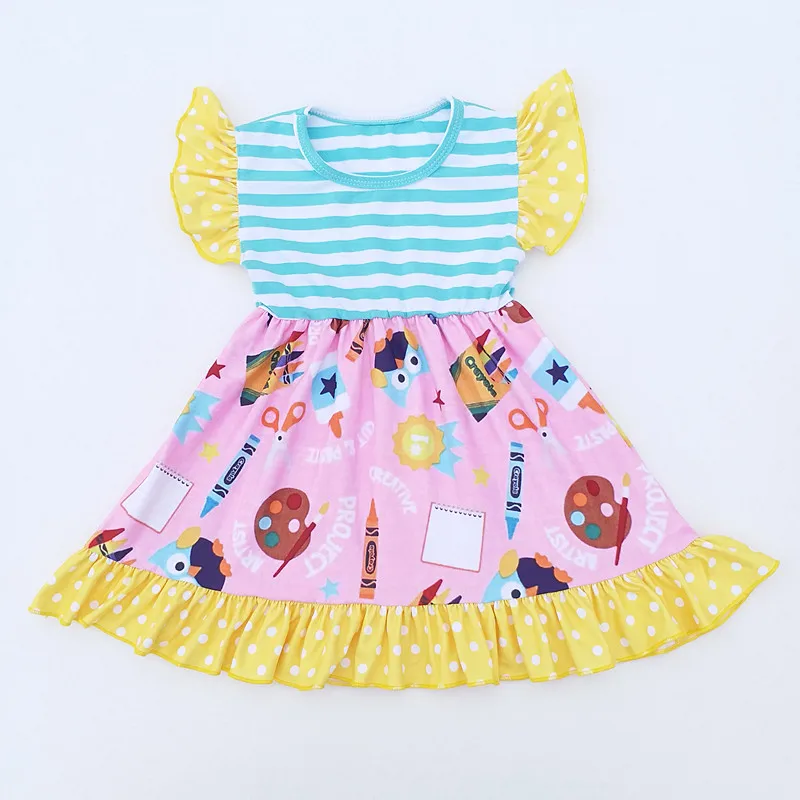2018 Fashion Girl Back to School Dress Children &quotCreative Project&quot Brush Pencil Scissors Printed Pearl Girls Dot Striped D | Детская