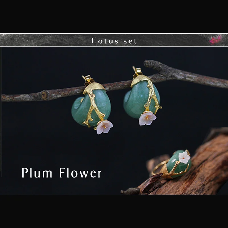 Gold Aventurine Lotus Fun реальные 925 серебро Натуральный камень творческий ручной Ювелирные украшения сливы цветок комплект ювелирных изделий с кольцо серьгу - Цвет камня: Gold Aventurine