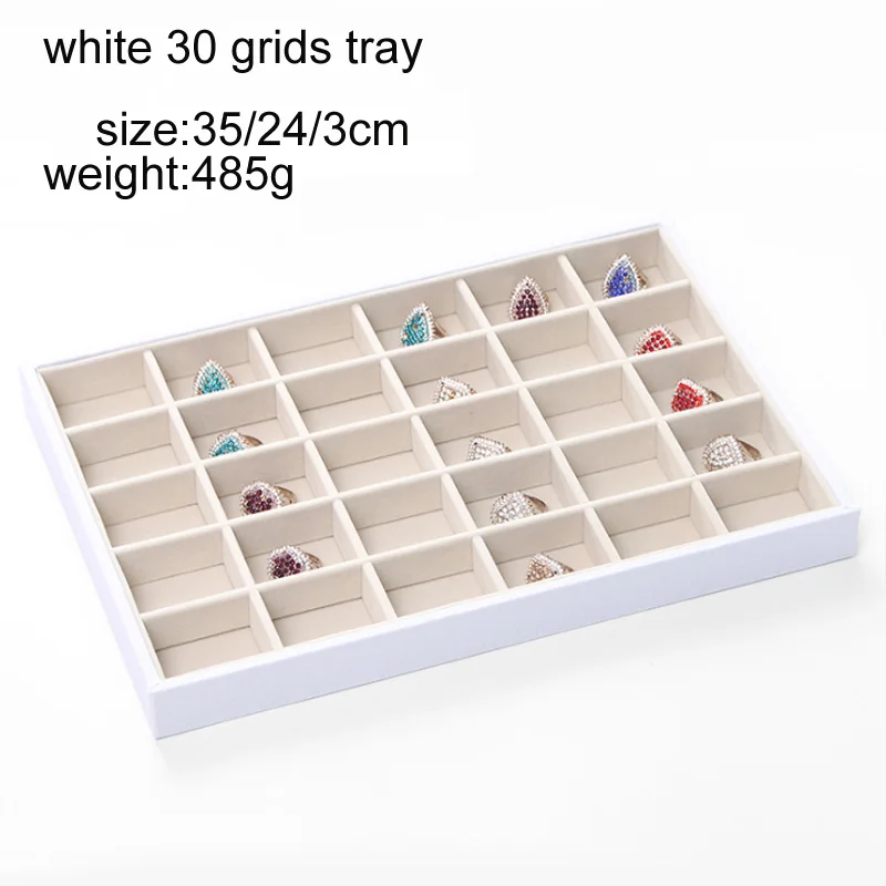 white 30 grids tray Пять стилей, пять цветов, бархатный лоток для ювелирных изделий, чехол для демонстрации, чехол, ожерелье, кольца, браслет, чехол для демонстрации, Органайзер - Цвет: white 30 grids tray