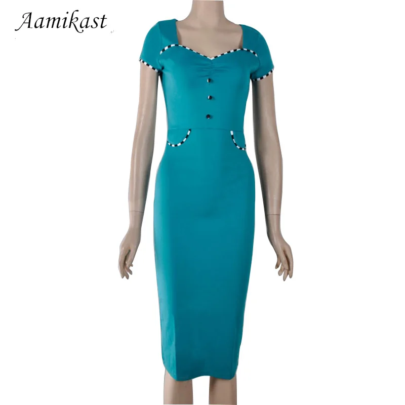 Женское платье-карандаш средней длины с V-образным вырезом и коротким рукавом |