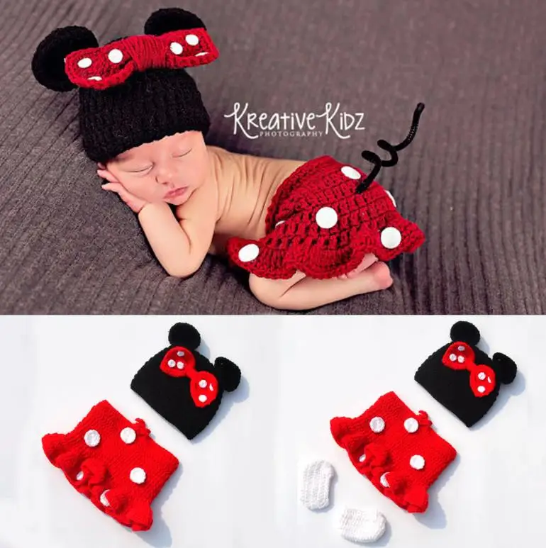 3 pcs-Red01 1 комплект, вязаный костюм «кроше» для новорожденных мальчиков и девочек, наряд для фотосессии с шапочкой, вязаный костюм «Минни» - Цвет: 3 pcs-Red01