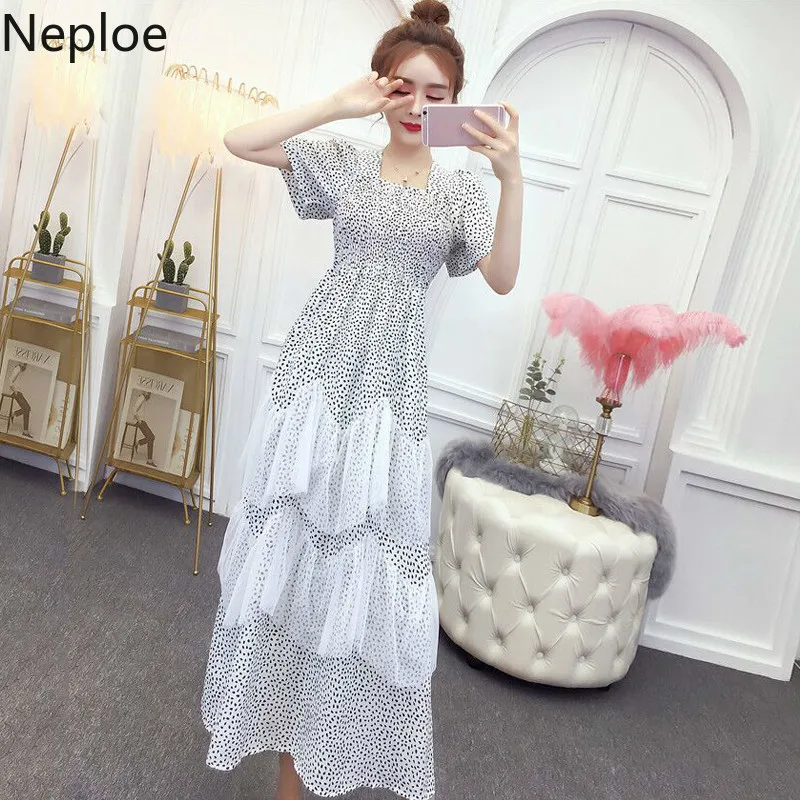 Neploe в горошек лоскутное женское платье Лето 2019 новый квадратный воротник